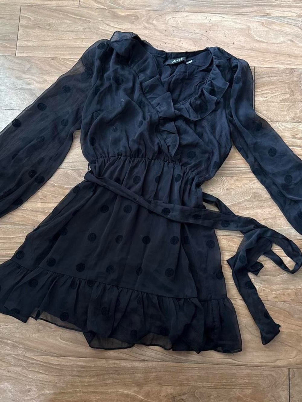 DO+BE Black Sheer Polka Dot Long Sleeve Wrap Dress